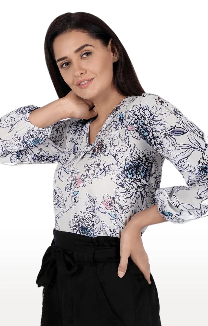 Women's White Polyester Floral Blouson Top