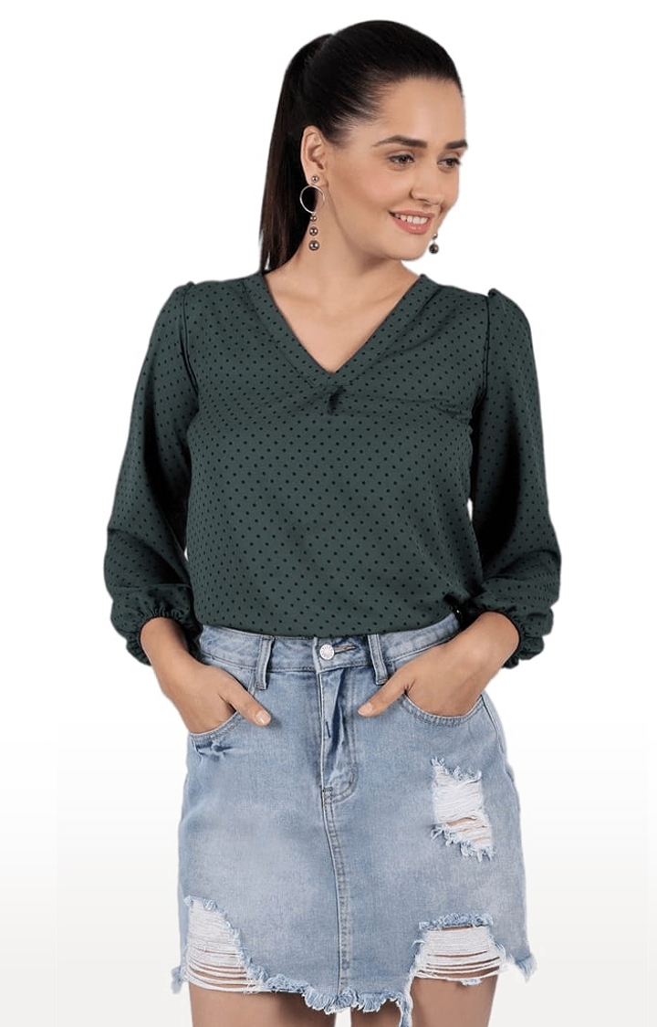 CHIMPAAANZEE | Women's Green Polyester Polka Dots Blouson Top