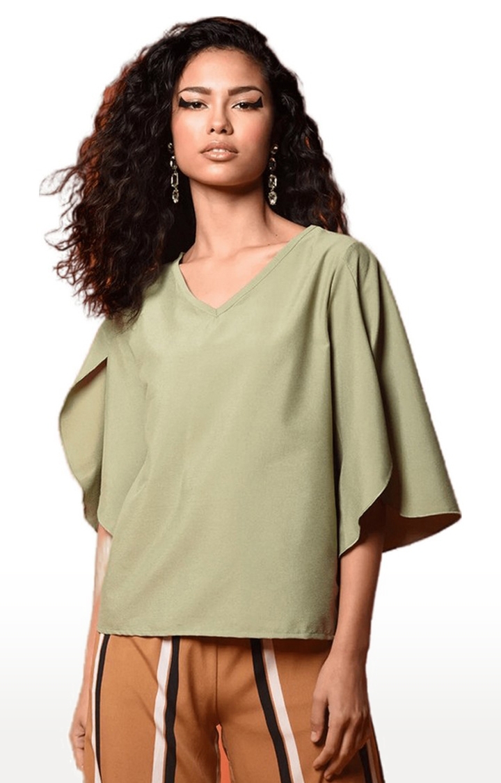 CHIMPAAANZEE | Women's Olive Polyester  Solid Blouson Top