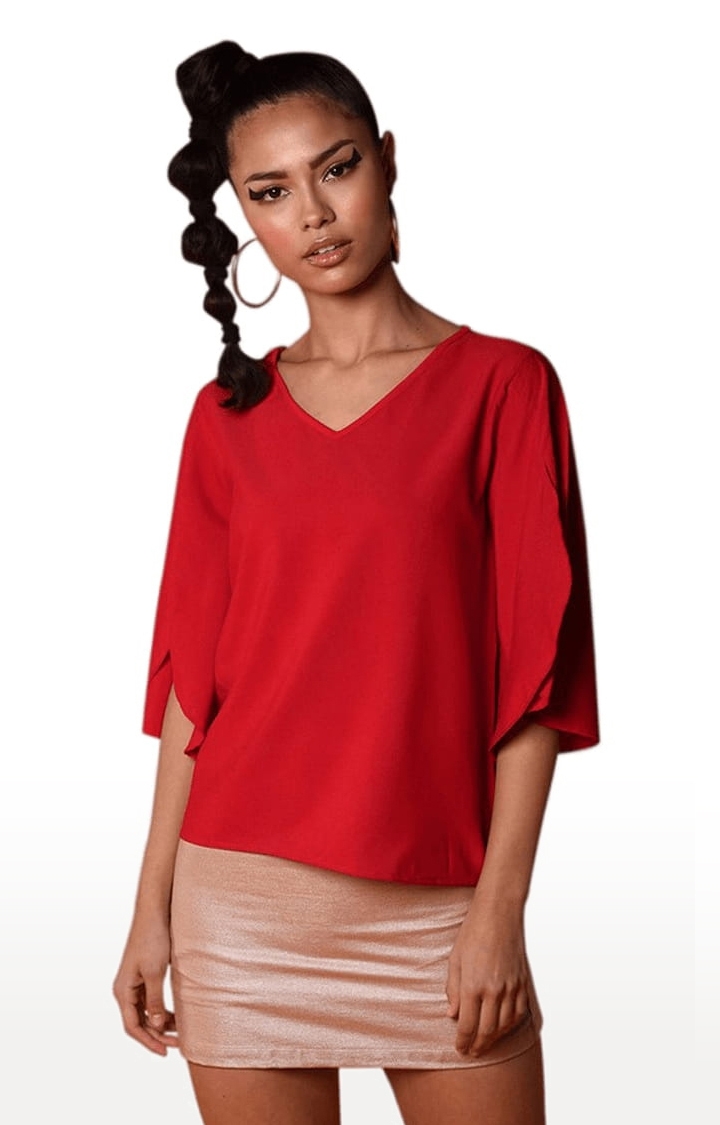 CHIMPAAANZEE | Women's Red Polyester  Solid Blouson Top