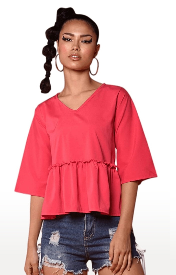 CHIMPAAANZEE | Women's Dark Pink Polyester Solid Peplum Top