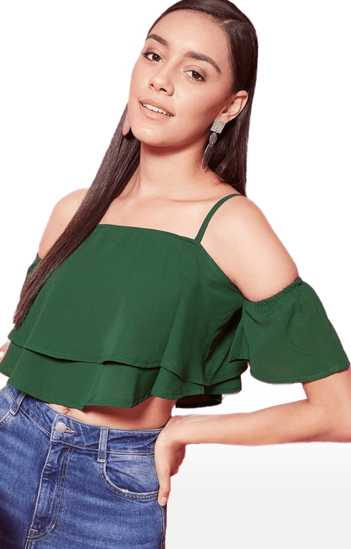 Women's Green Polyester Solid Crop Top