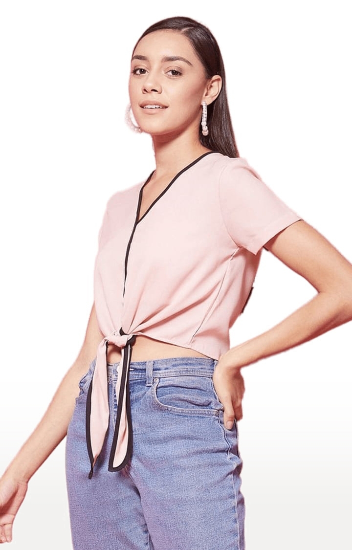 Women's Light Pink Polyester Solid Crop Top