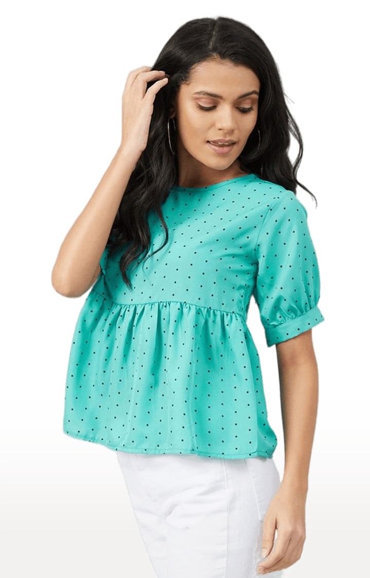 Women's Rama Green Crepe Polka Dots Peplum Top