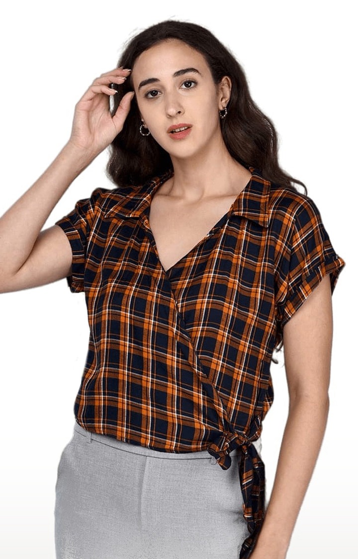 Women's Orange and Navy Viscose Checked Top