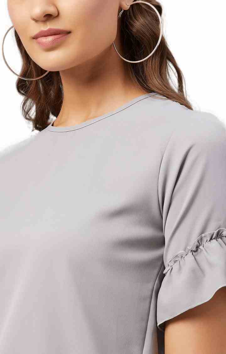 Women's Grey Polyester Solid Blouson Top