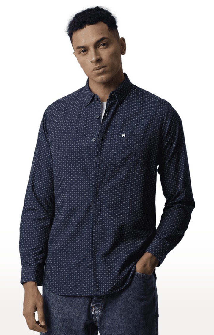 Men's Navy Blue Cotton Printed Casual Shirt