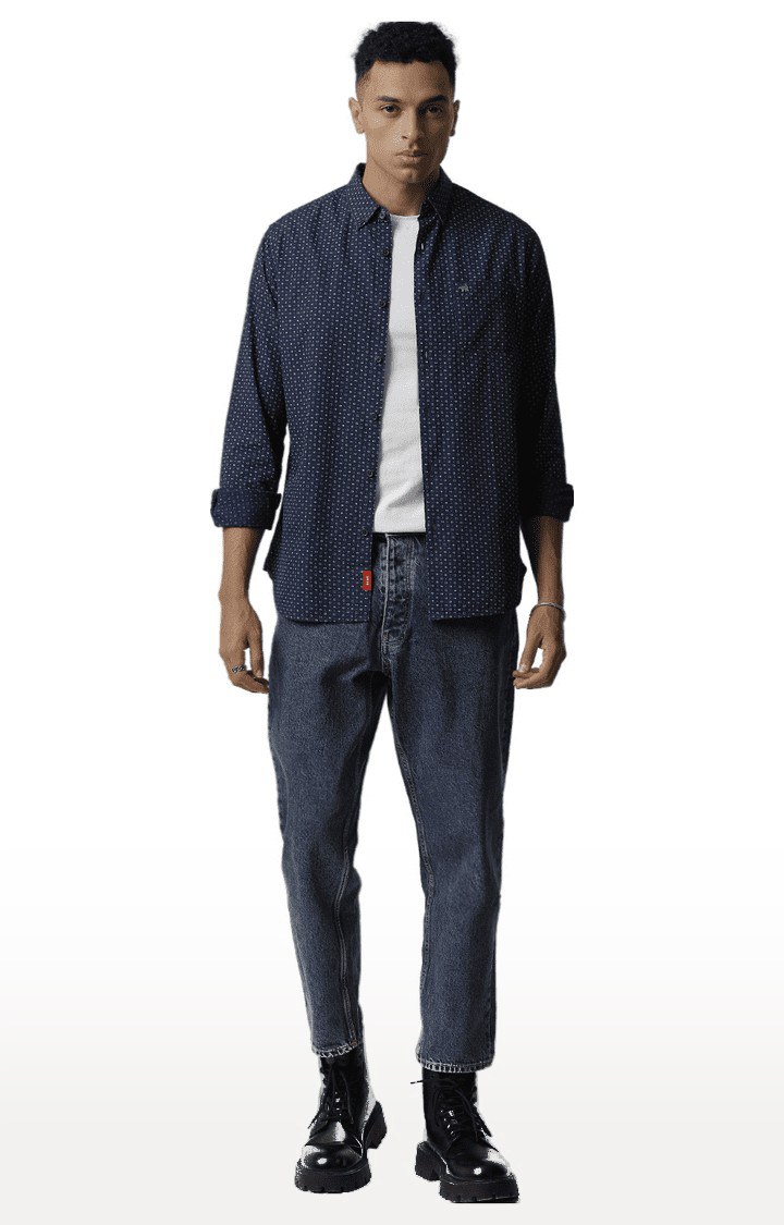 Men's Navy Blue Cotton Printed Casual Shirt