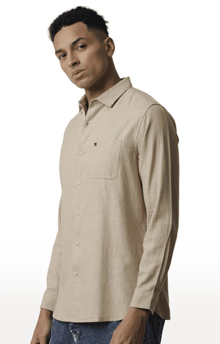 Men's Beige Cotton Melange Texture Casual Shirt