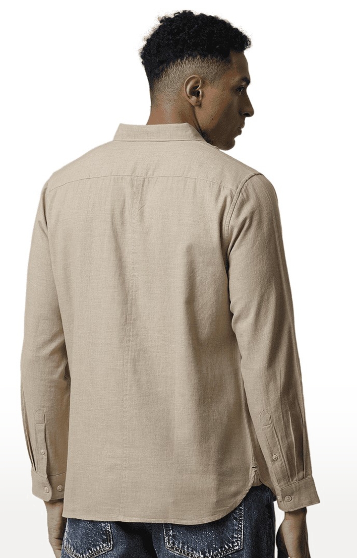 Men's Beige Cotton Melange Texture Casual Shirt