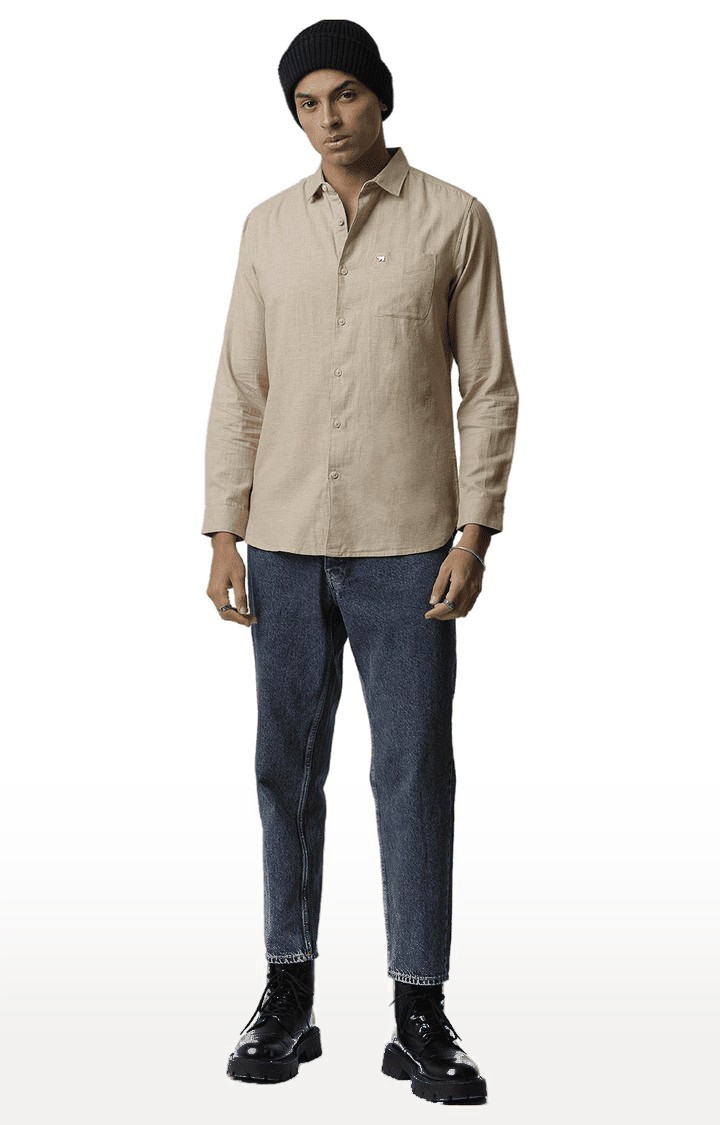 Men's Beige Cotton Melange Texture Casual Shirt