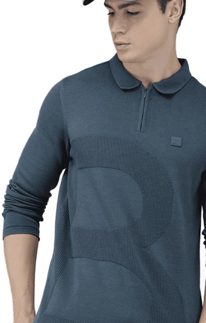Men's Blue Cotton Textured Polo T-shirt