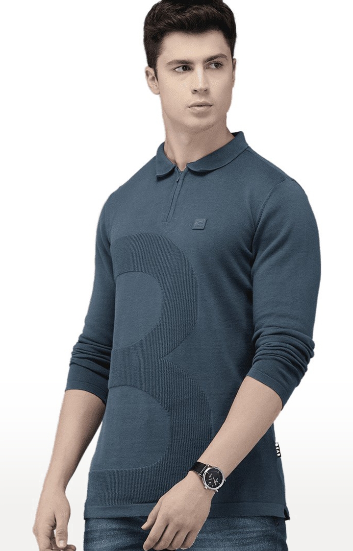 Men's Blue Cotton Textured Polo T-shirt