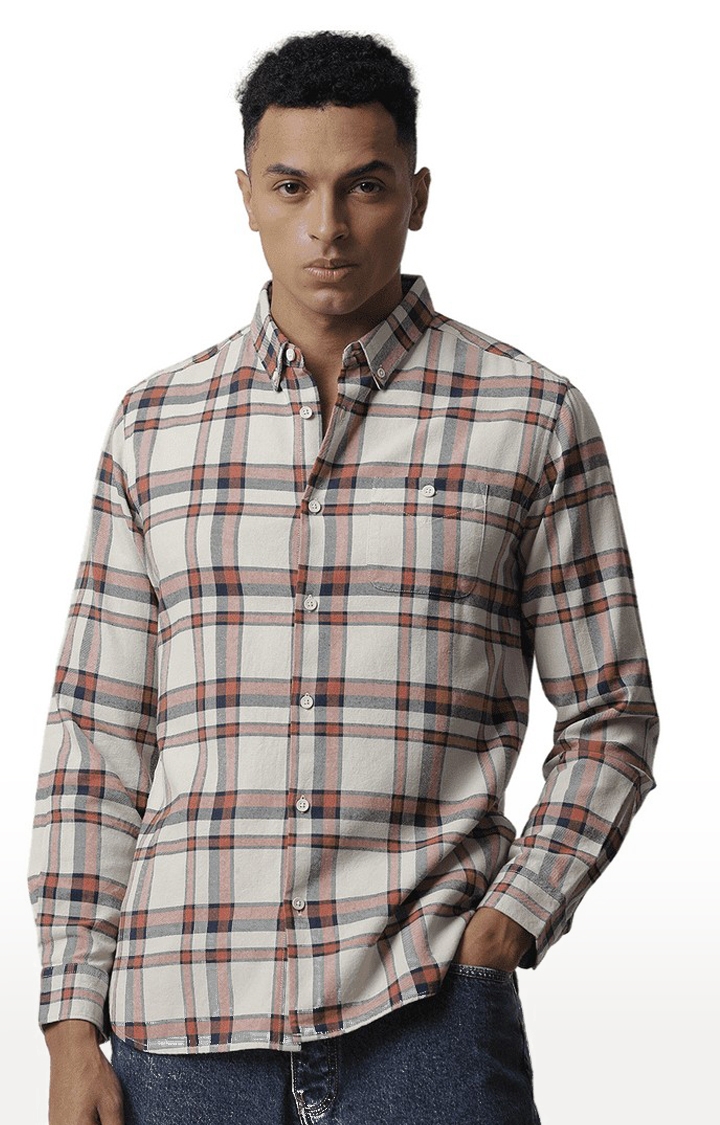 Men's Beige Cotton Chequered Casual Shirt
