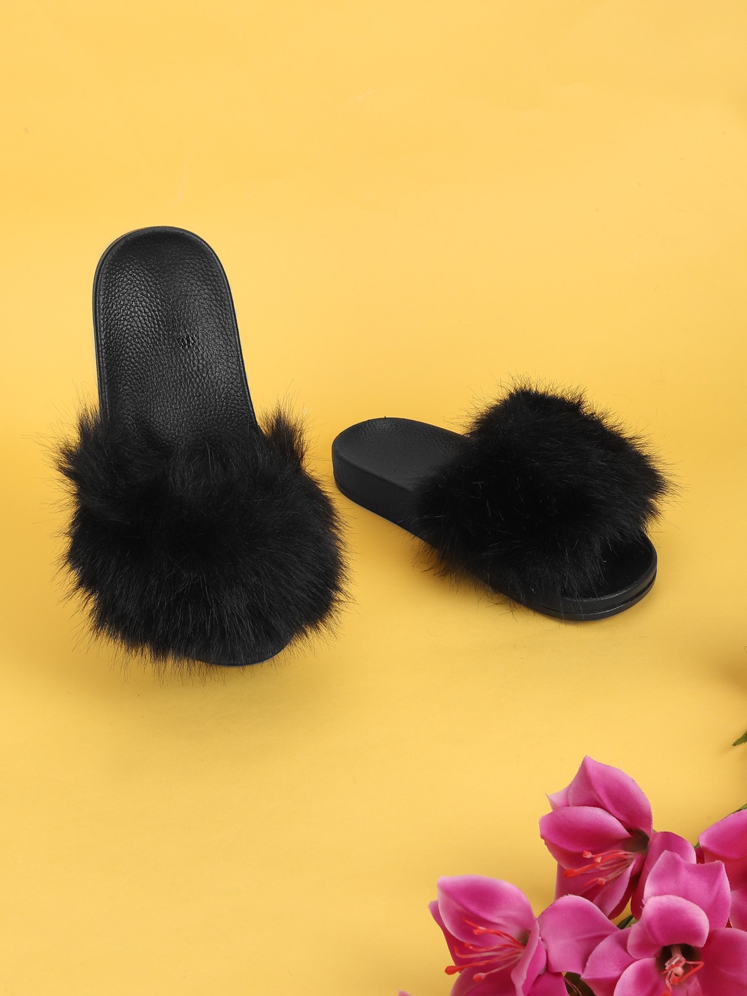 Black Fur Slip-On Flats