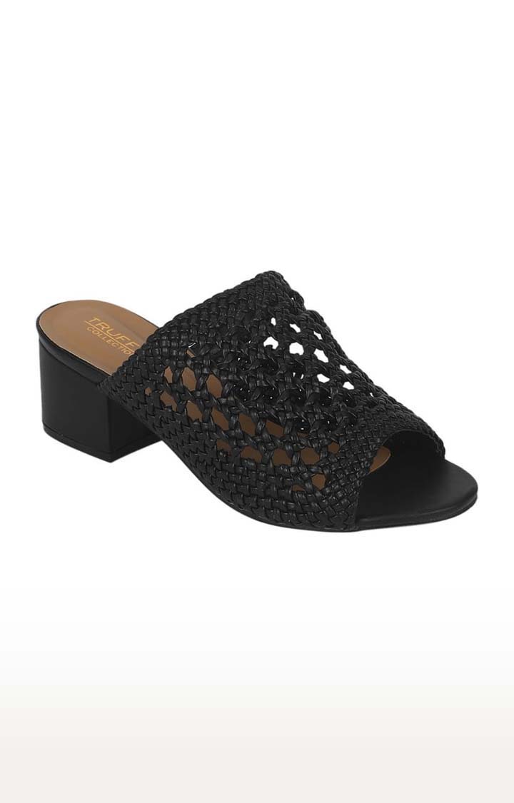 Truffle Collection | Women's Black PU Cutout Slip On Block Heels