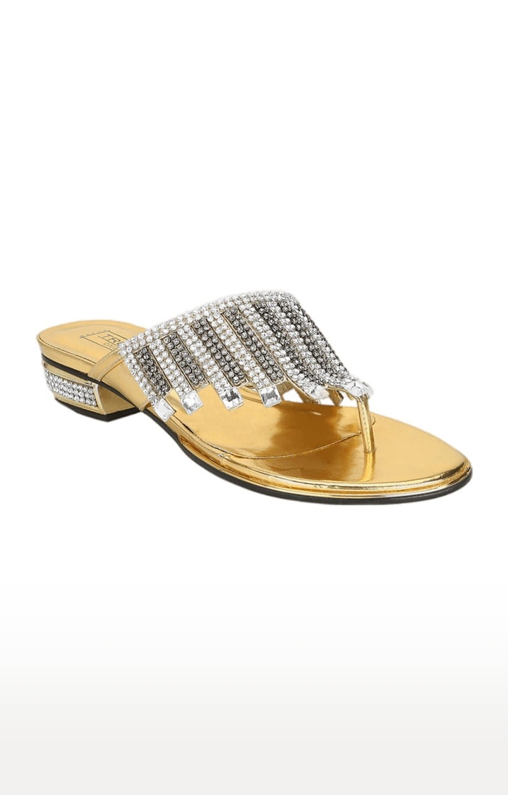 Women's Gold Synthetic Embellished Slip On Block Heels