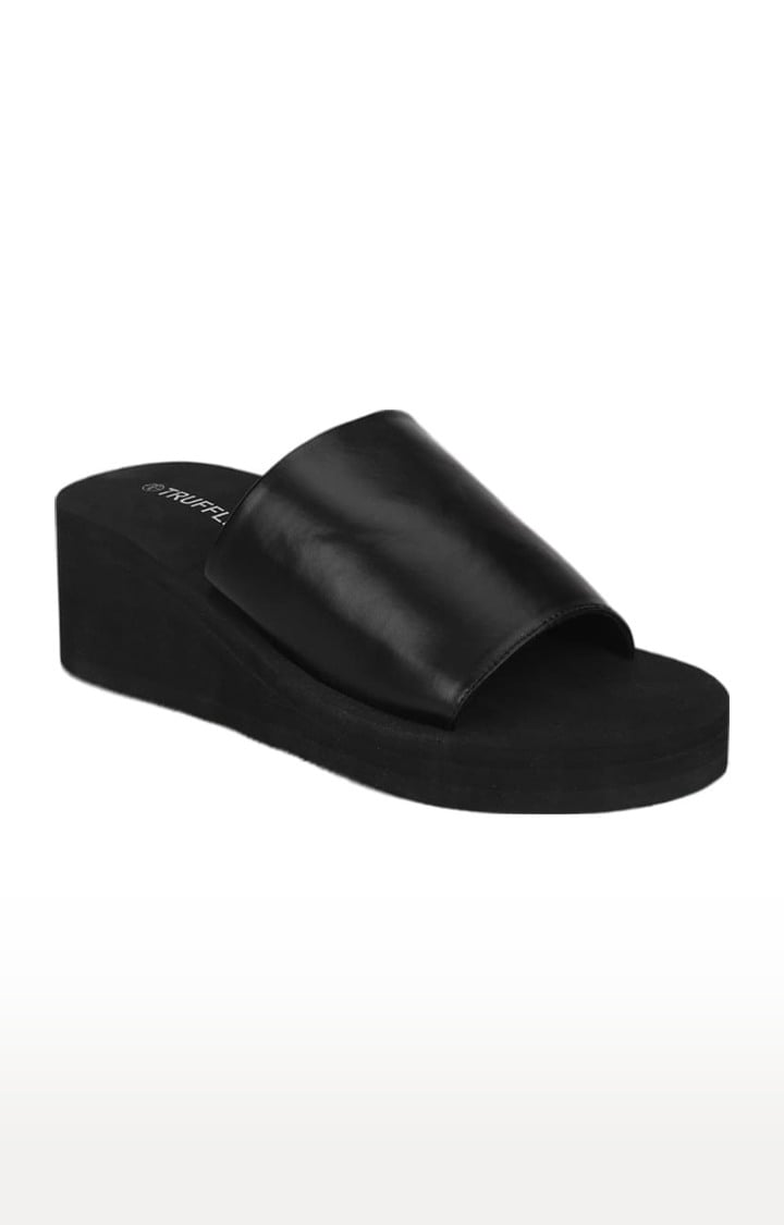 Women's Black PU Solid Slip On Wedges