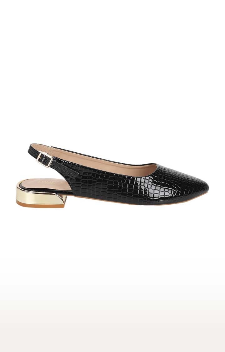 Women's Black Synthetic Leather Textured Buckle Ballerinas