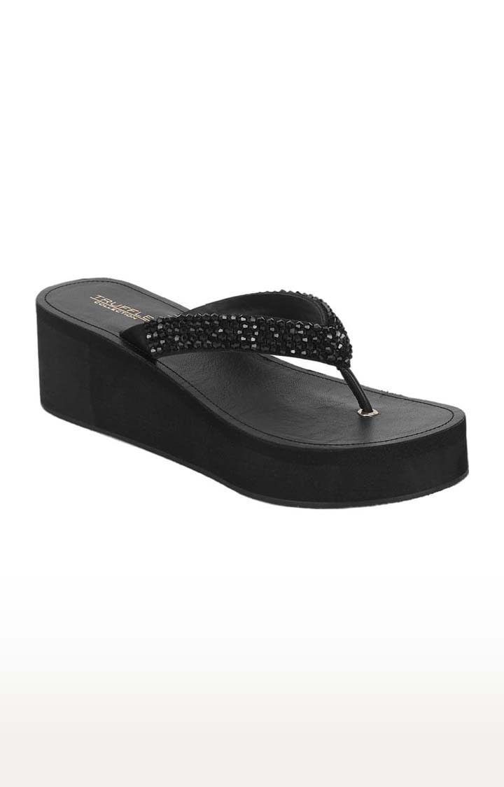 Truffle Collection | Women's Black PU Solid Slip On Wedges