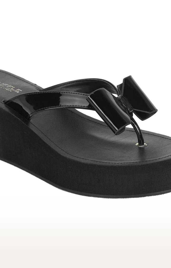 Women's Black Synthetic Leather Solid Slip On Wedges