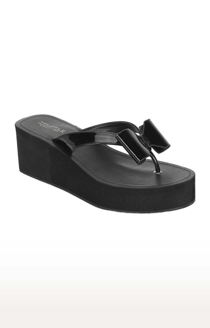 Truffle Collection | Women's Black Synthetic Leather Solid Slip On Wedges