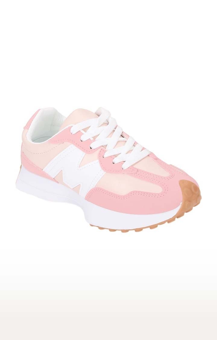 Women's Pink PU Colourblock Lace-Up Sneakers