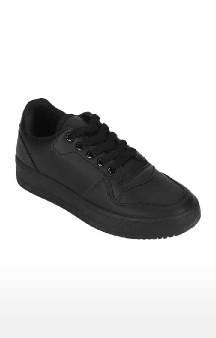 Women's Black PU Solid Lace-Up Sneakers