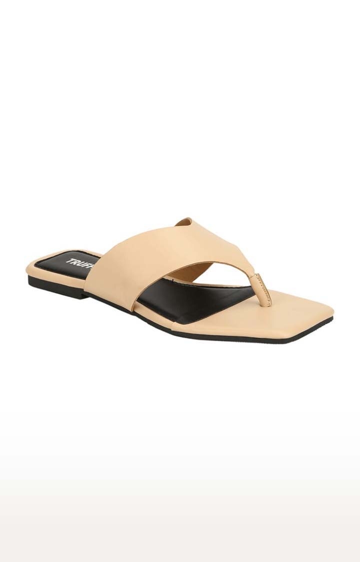 Truffle Collection | Women's Beige PU Solid Flat Slip-ons