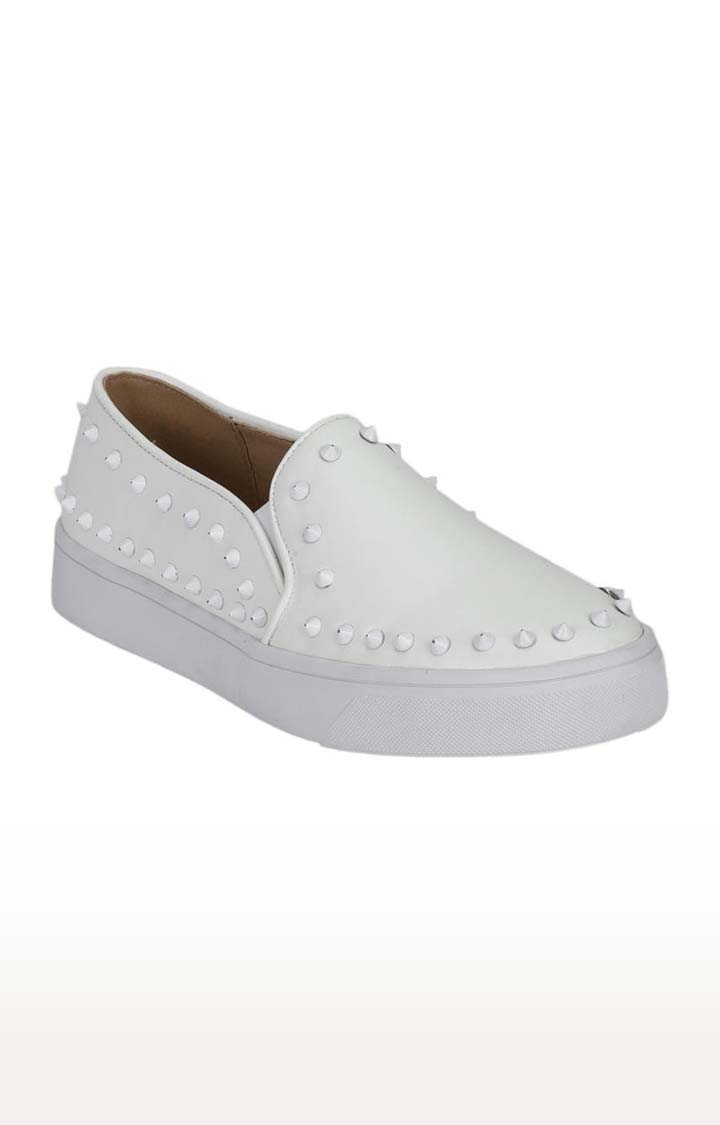 Truffle Collection | Women's White PU Embellished Slip On Loafers