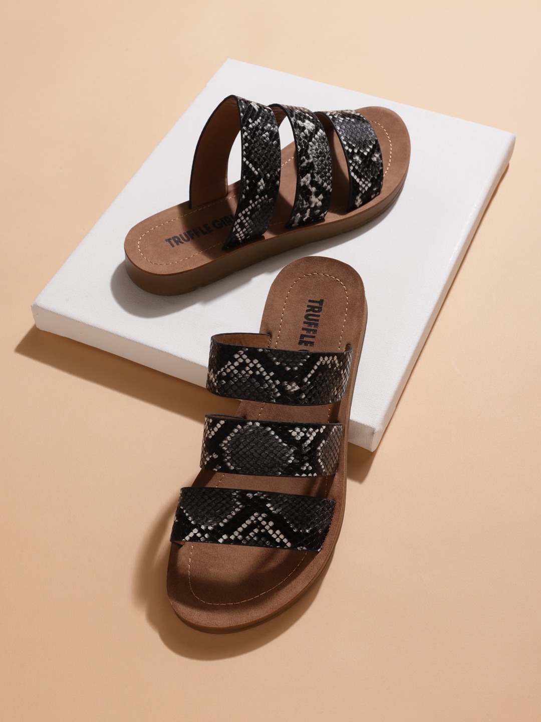 Black Snake PU Strappy Slip On Flats