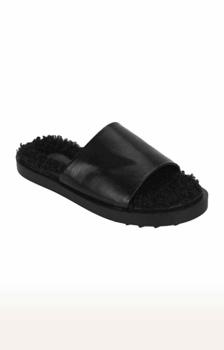 Women's Black PU Solid Slip On Flip Flops
