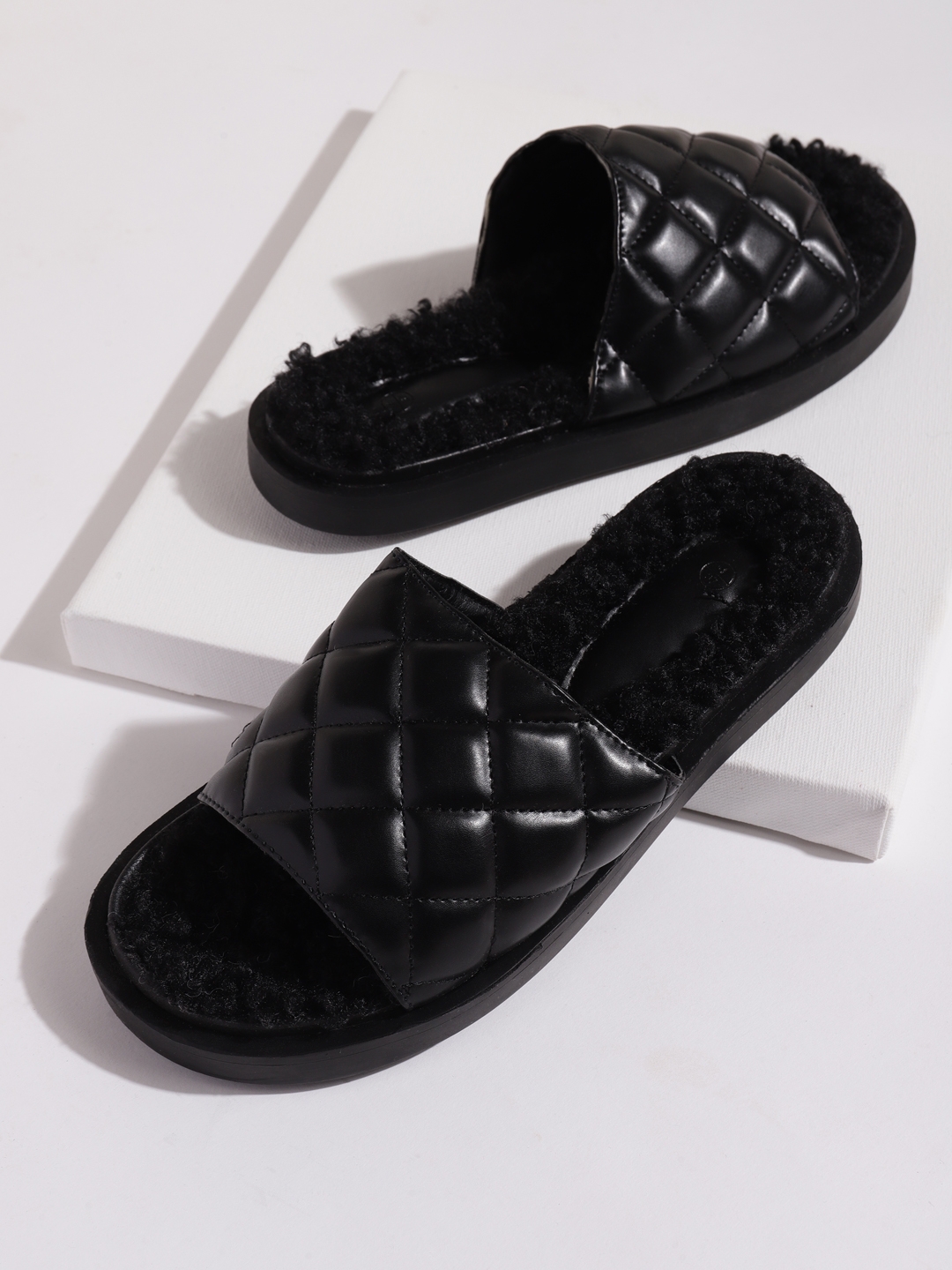 Black PU Faux Fur Quilted Slip Ons