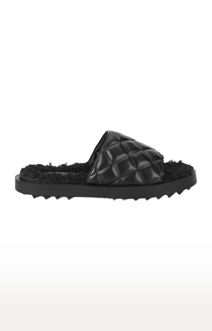 Women's Black PU Quilted Flat Slip-ons