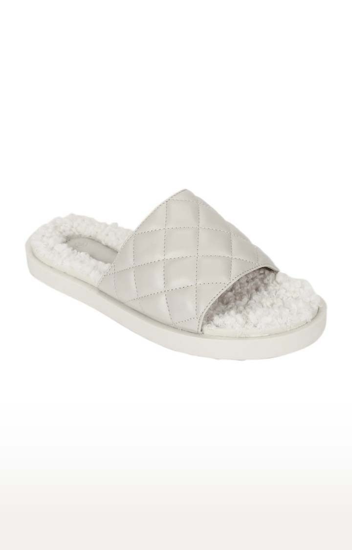 Truffle Collection | Women's White PU Quilted Slip On Flip Flops