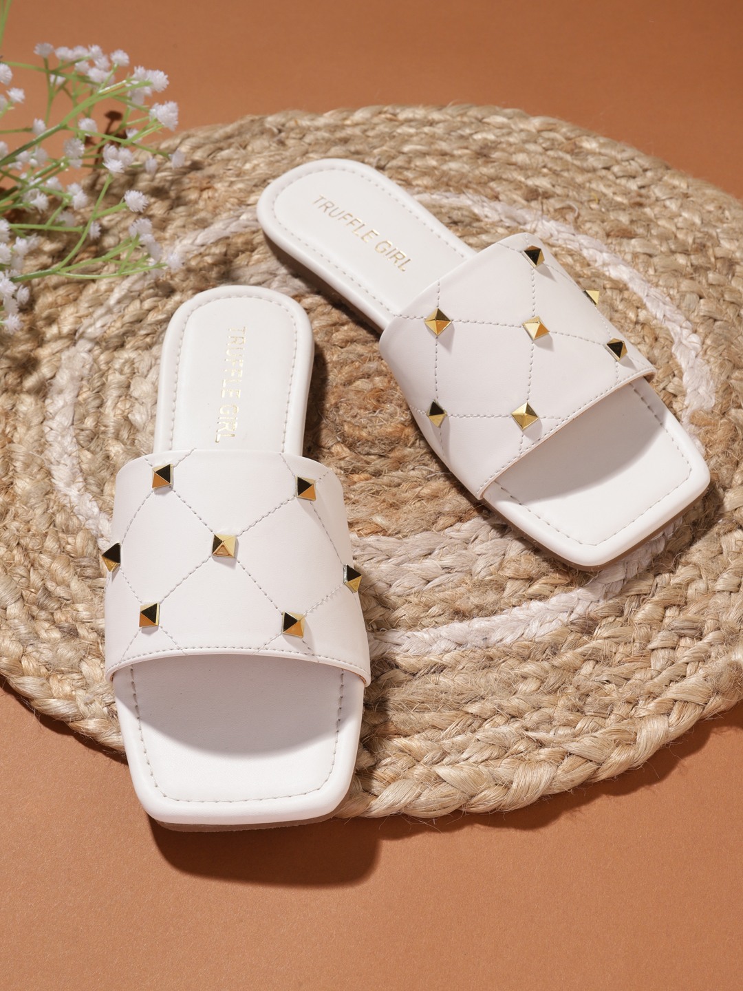 White PU Studded Slides