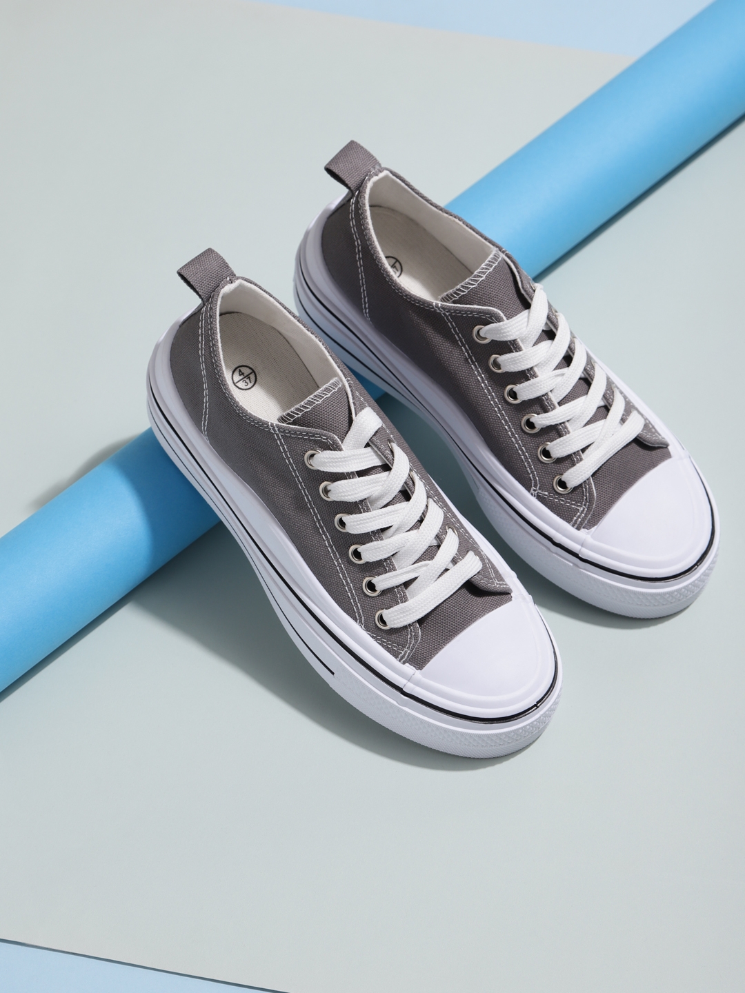 Grey Canvas Lace-Up Sneakers