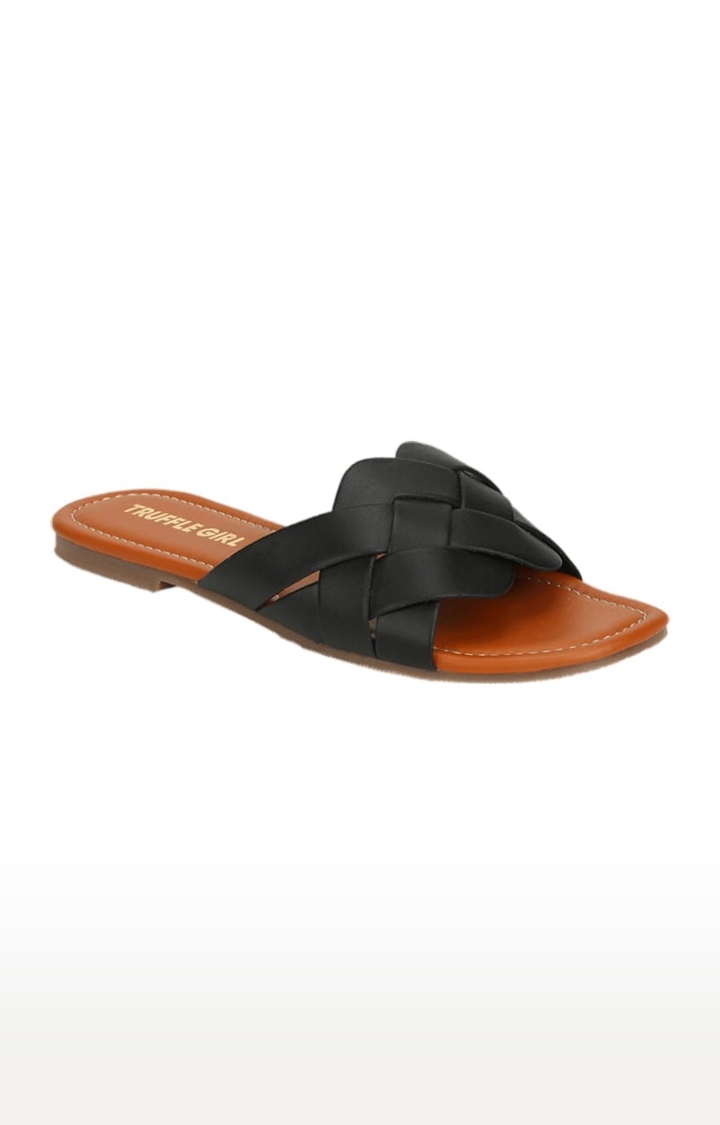 Truffle Collection | Women's Black PU Solid Flat Slip-ons