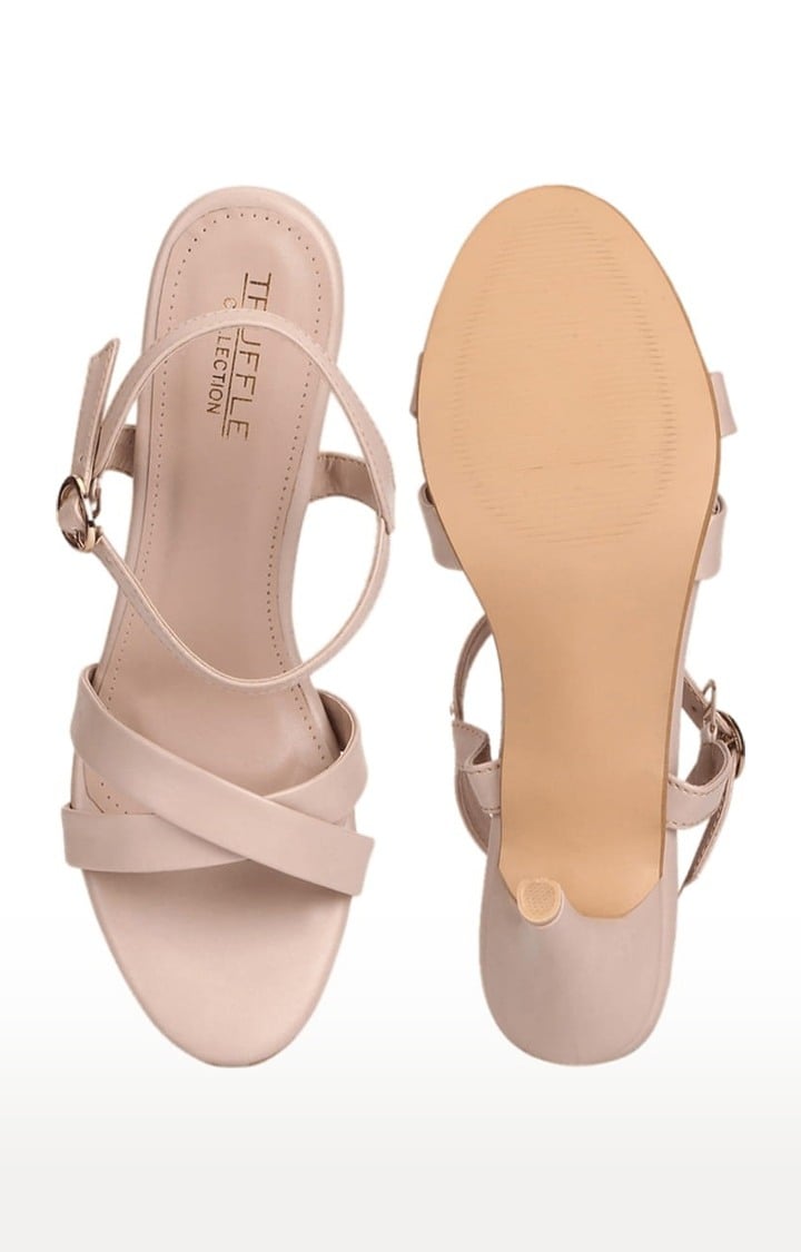 Women's Beige PU Solid Buckle Kitten Heels