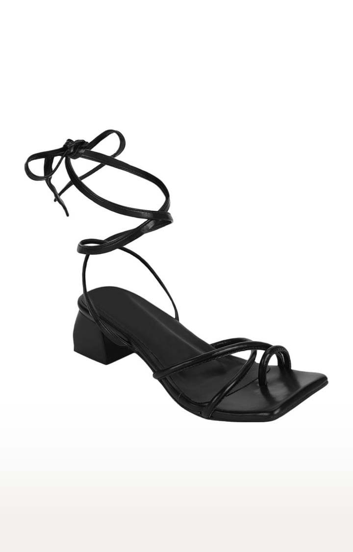 Truffle Collection | Women's Black PU Solid Lace-Up Sandals