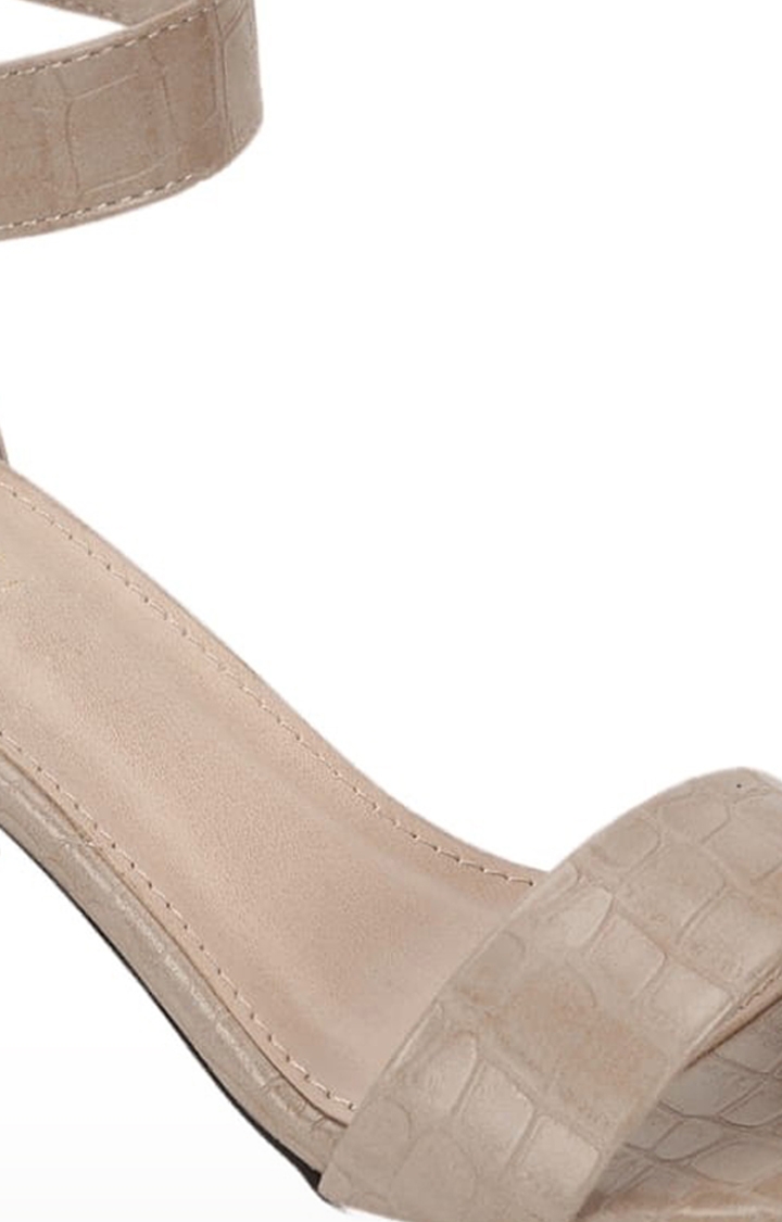 Women's Beige PU Textured Buckle Block Heels
