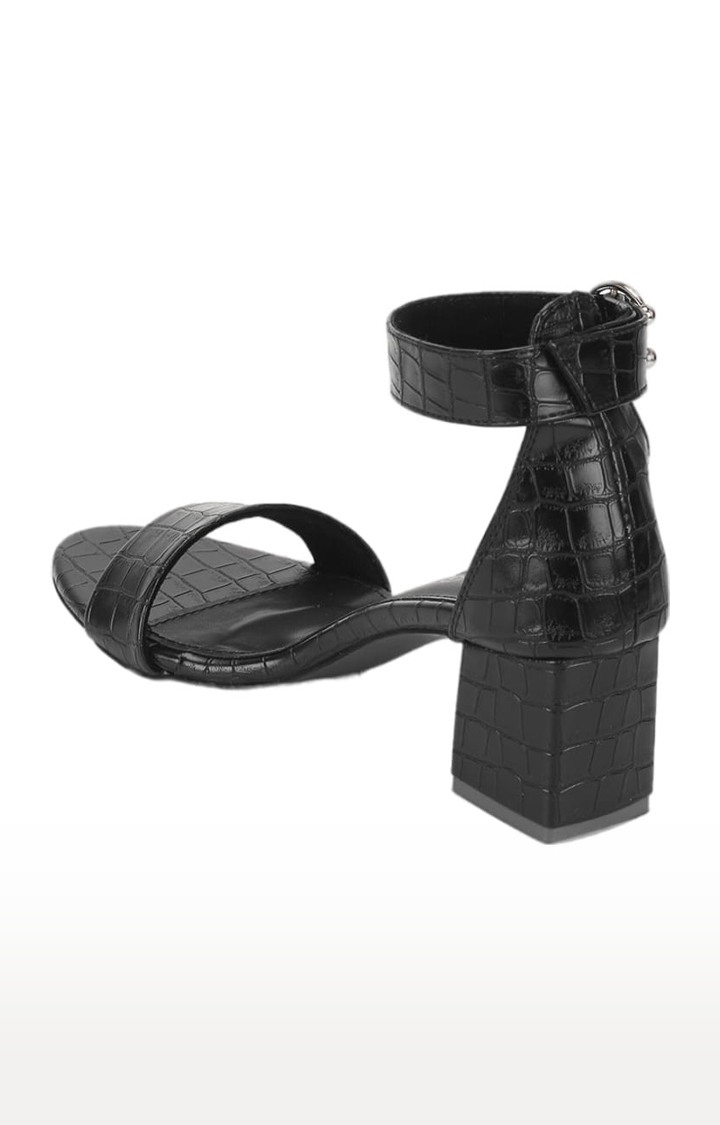 Women's Black PU Textured Buckle Block Heels