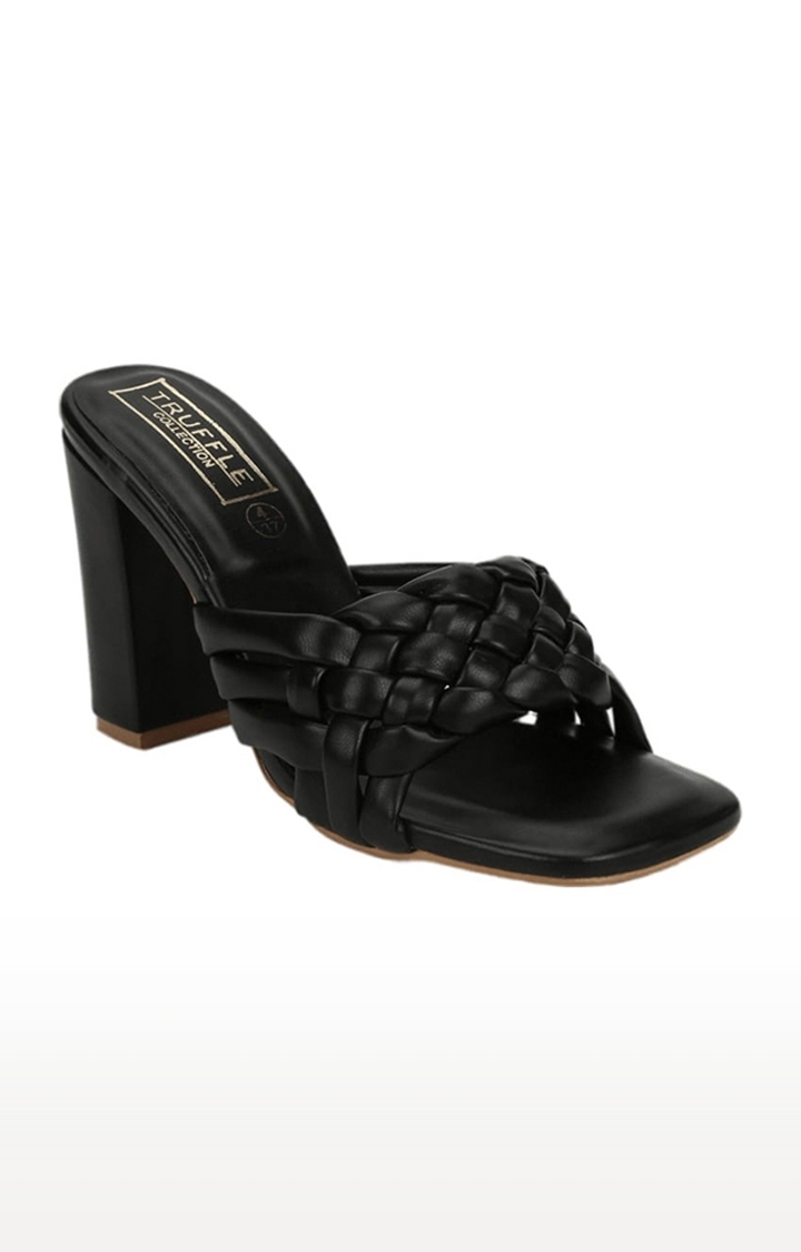 Truffle Collection | Women's Black PU Quilted Slip On Block Heels