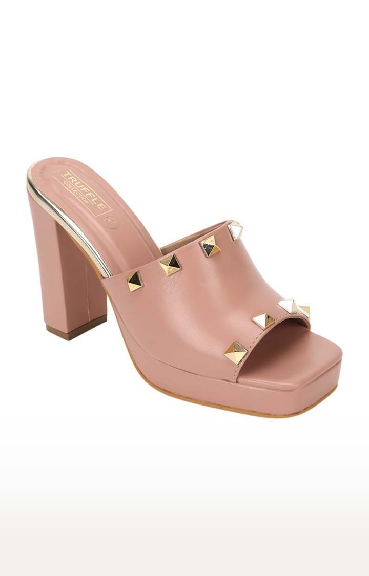 Truffle Collection | Women's Pink PU Embellished Slip On Block Heels