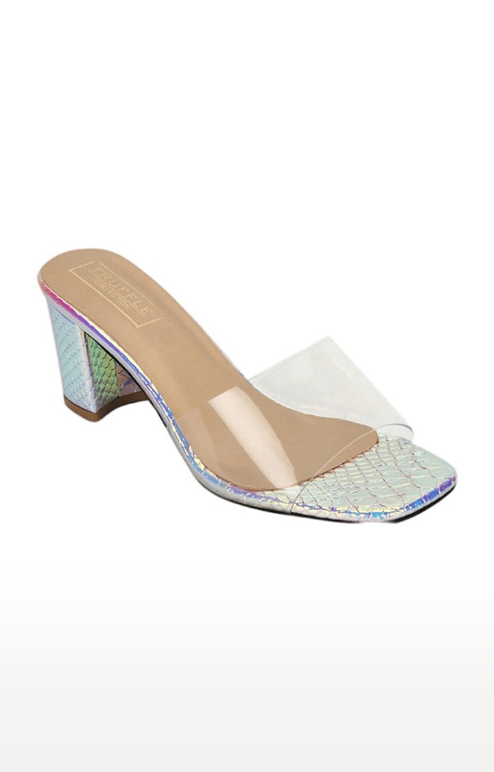 Women's Silver PU Textured Slip On Block Heels