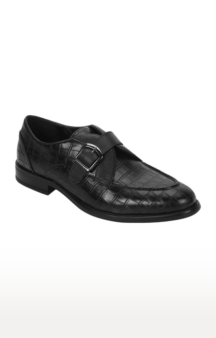 Men's Black PU Textured Buckle Loafers