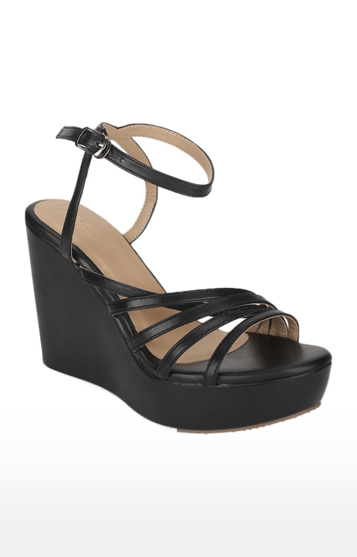 Truffle Collection | Women's Black PU Solid Buckle Wedges