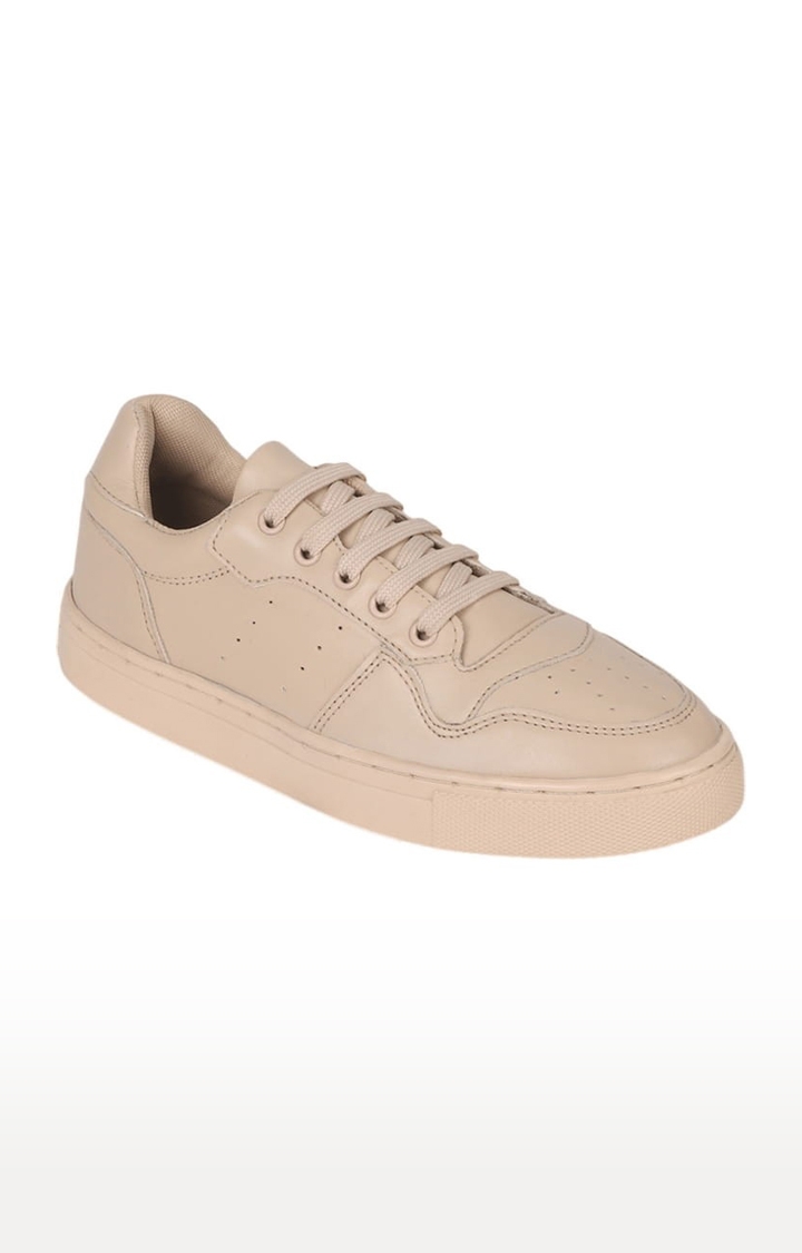 Truffle Collection | Women's Beige PU Solid Lace-Up Sneakers