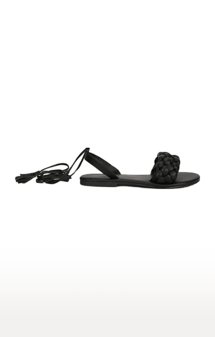 Women's Black PU Solid Lace-Up Sandals