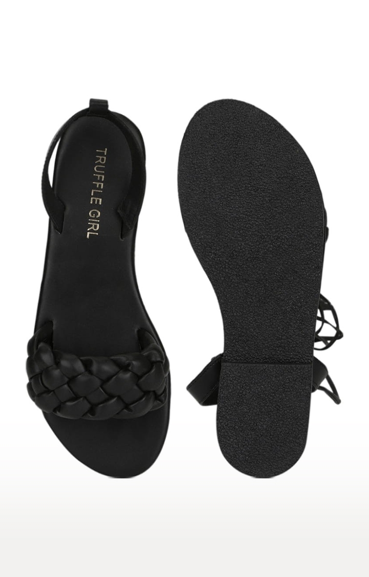 Women's Black PU Solid Lace-Up Sandals